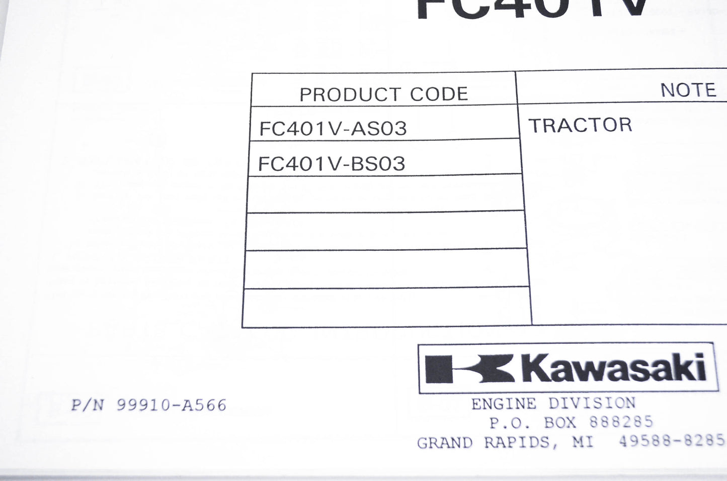 New OEM Kawasaki 99910-A566 Parts Catalog FC401V NOS