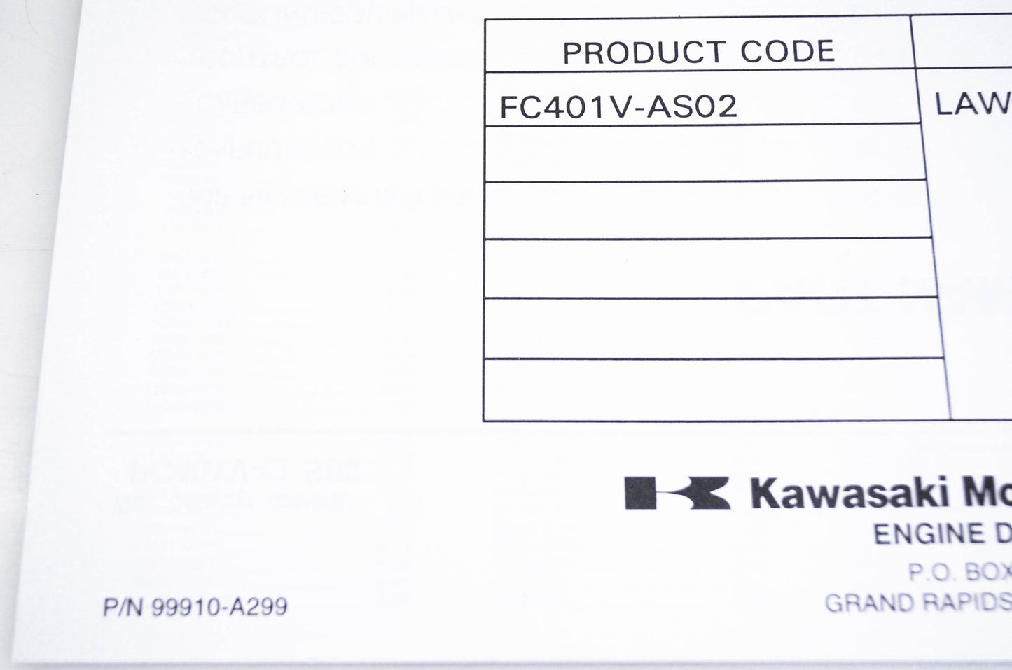 New OEM Kawasaki 99910-A299 Parts Catalog FC401V NOS
