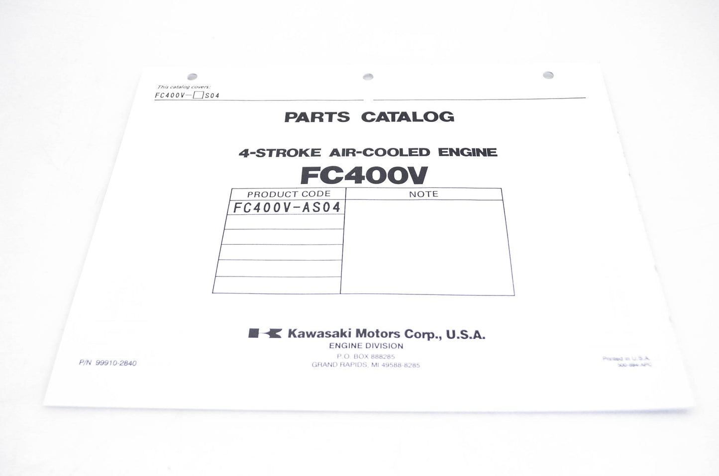 New OEM Kawasaki 99910-2840 Parts Catalog FC400V NOS