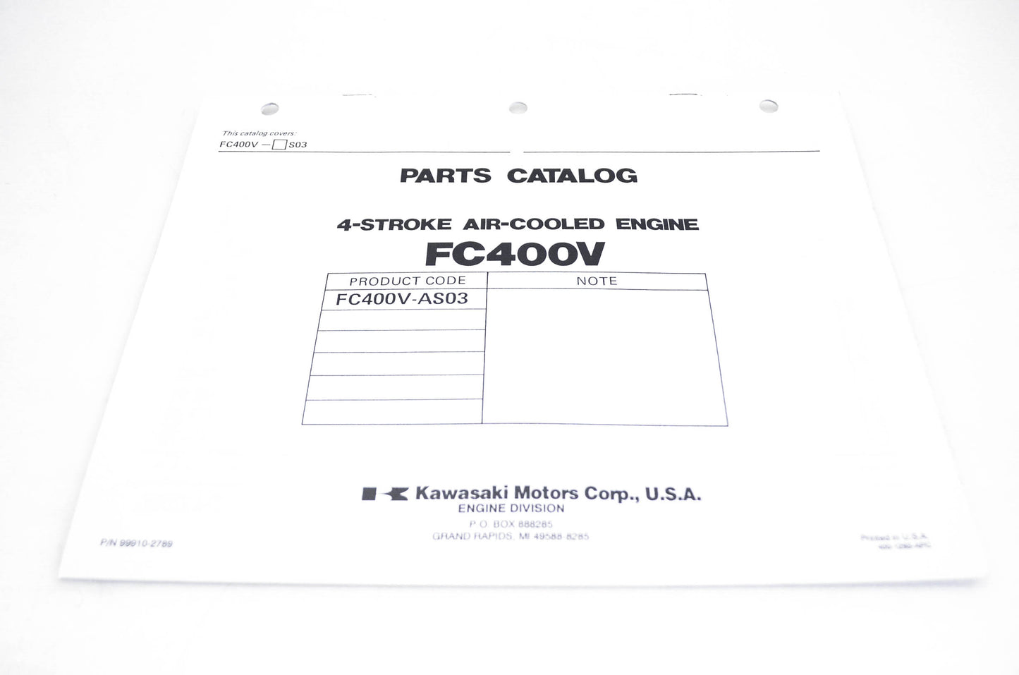 New OEM Kawasaki 99910-2789 Parts Catalog FC400V NOS