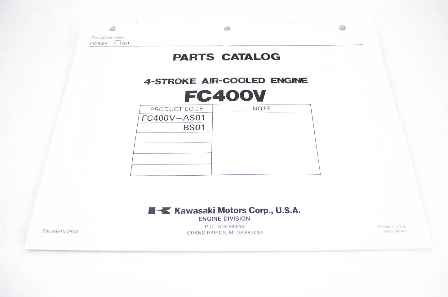 New OEM Kawasaki 99910-2800 Parts Catalog FC400V NOS
