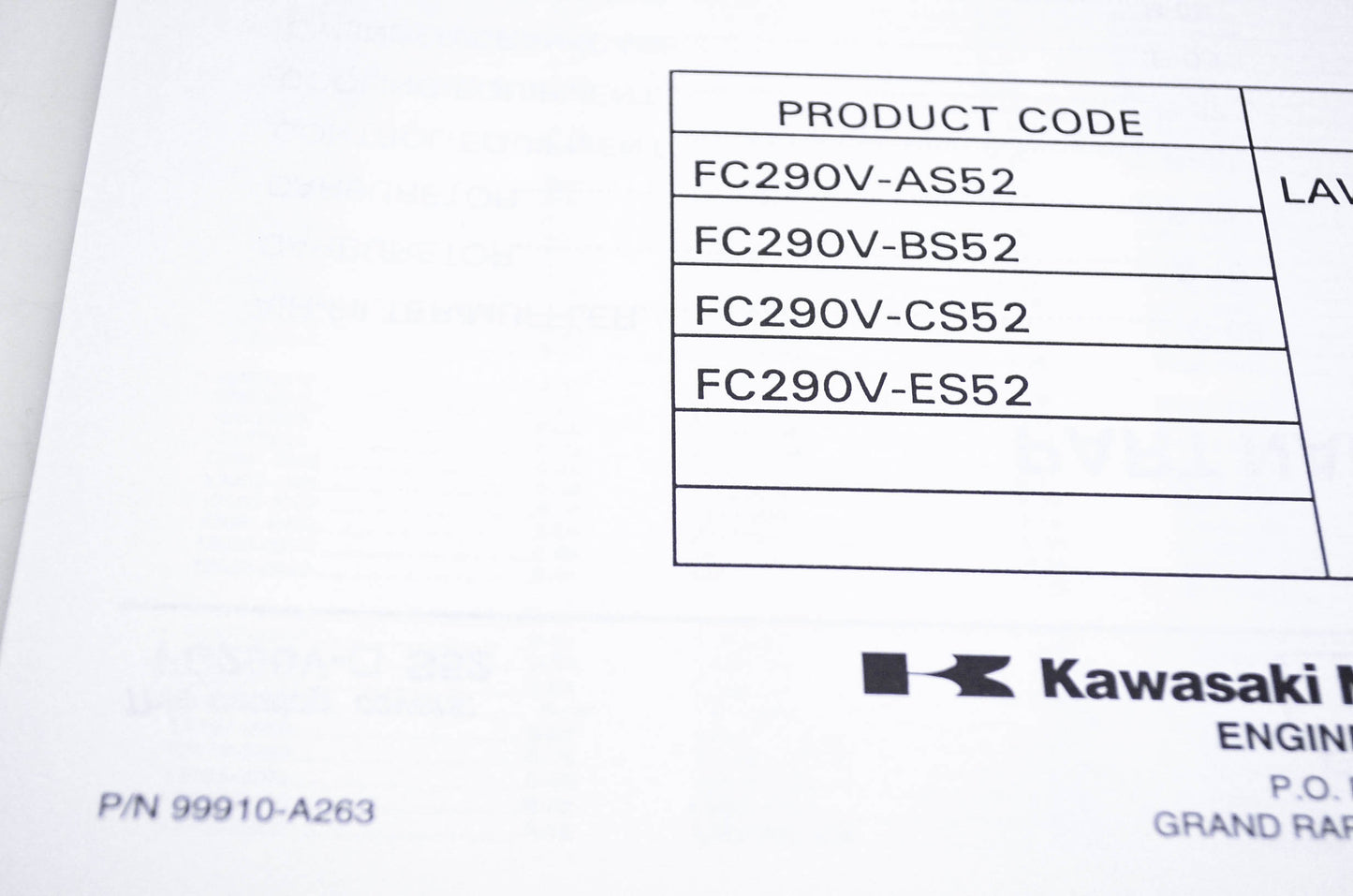 New OEM Kawasaki 99910-A263 Parts Catalog FC290V NOS