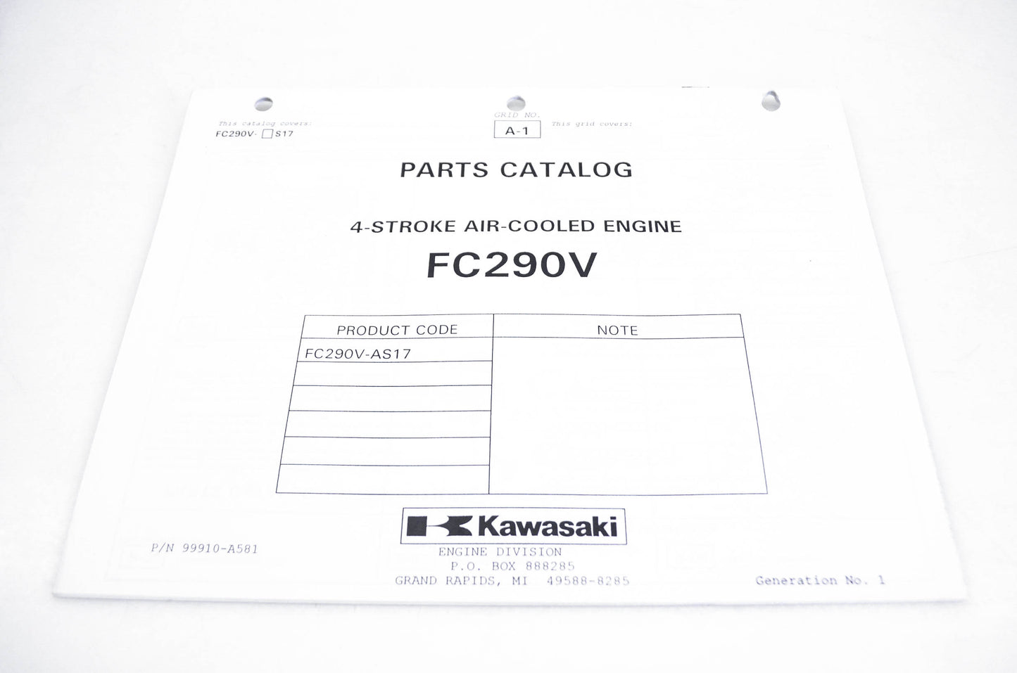 New OEM Kawasaki 99910-A581 Parts Catalog FC290V NOS