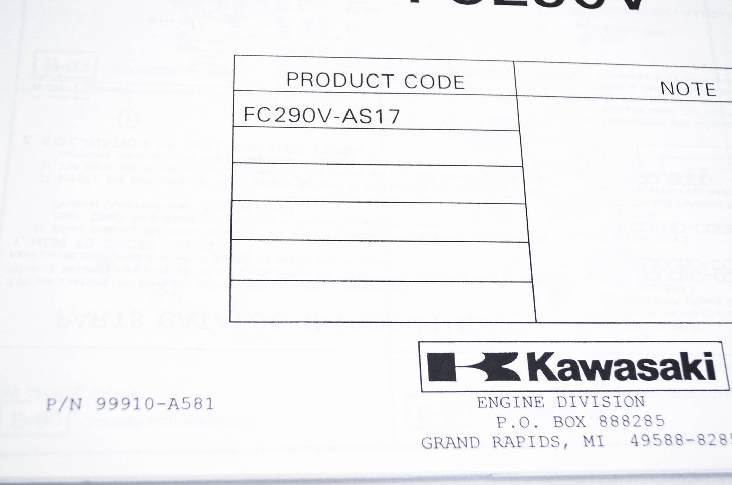 New OEM Kawasaki 99910-A581 Parts Catalog FC290V NOS