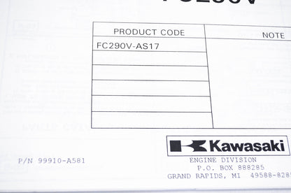 New OEM Kawasaki 99910-A581 Parts Catalog FC290V NOS