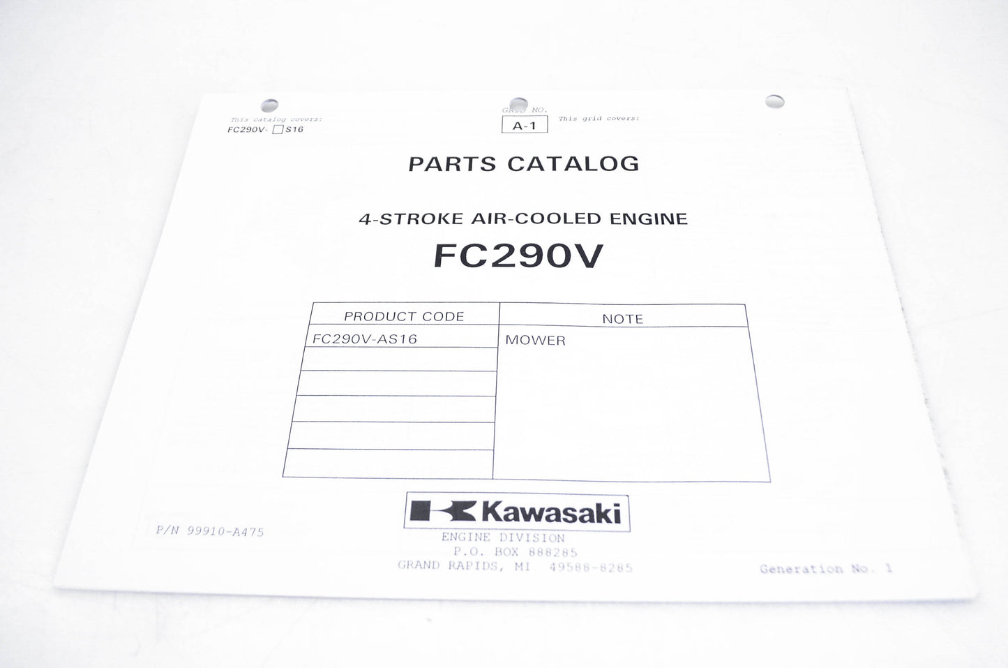 New OEM Kawasaki 99910-A475 Parts Catalog FC290V NOS