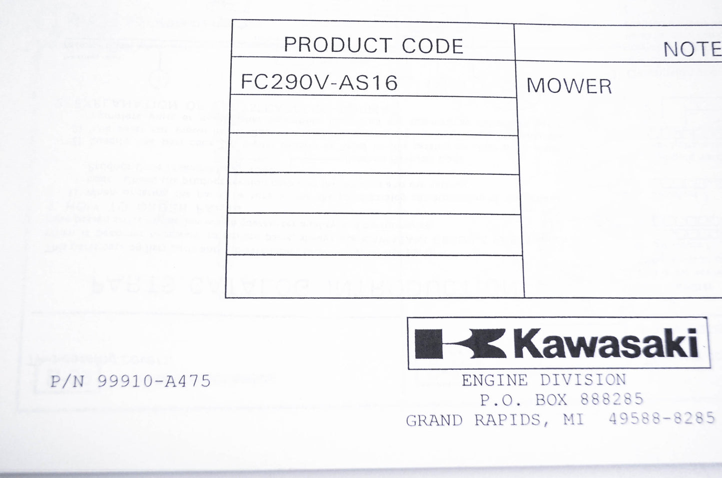 New OEM Kawasaki 99910-A475 Parts Catalog FC290V NOS