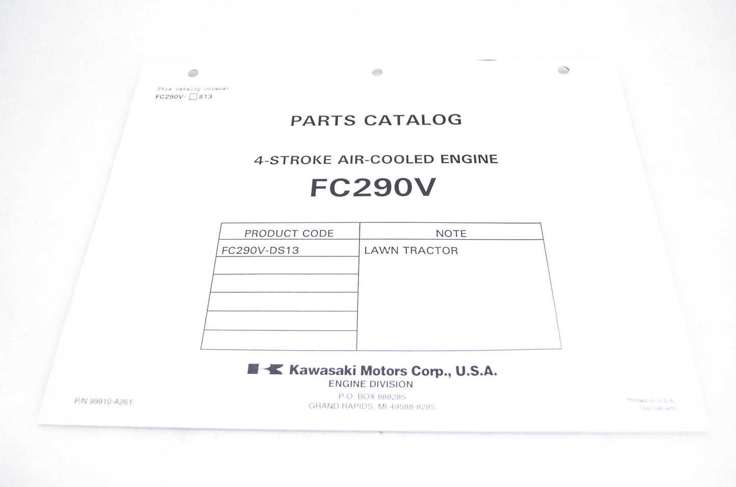 New OEM Kawasaki 99910-A261 Parts Catalog FC290V NOS