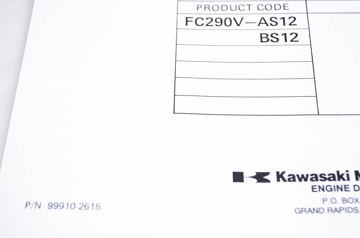 New OEM Kawasaki 99910-2615 Parts Catalog FC290V NOS