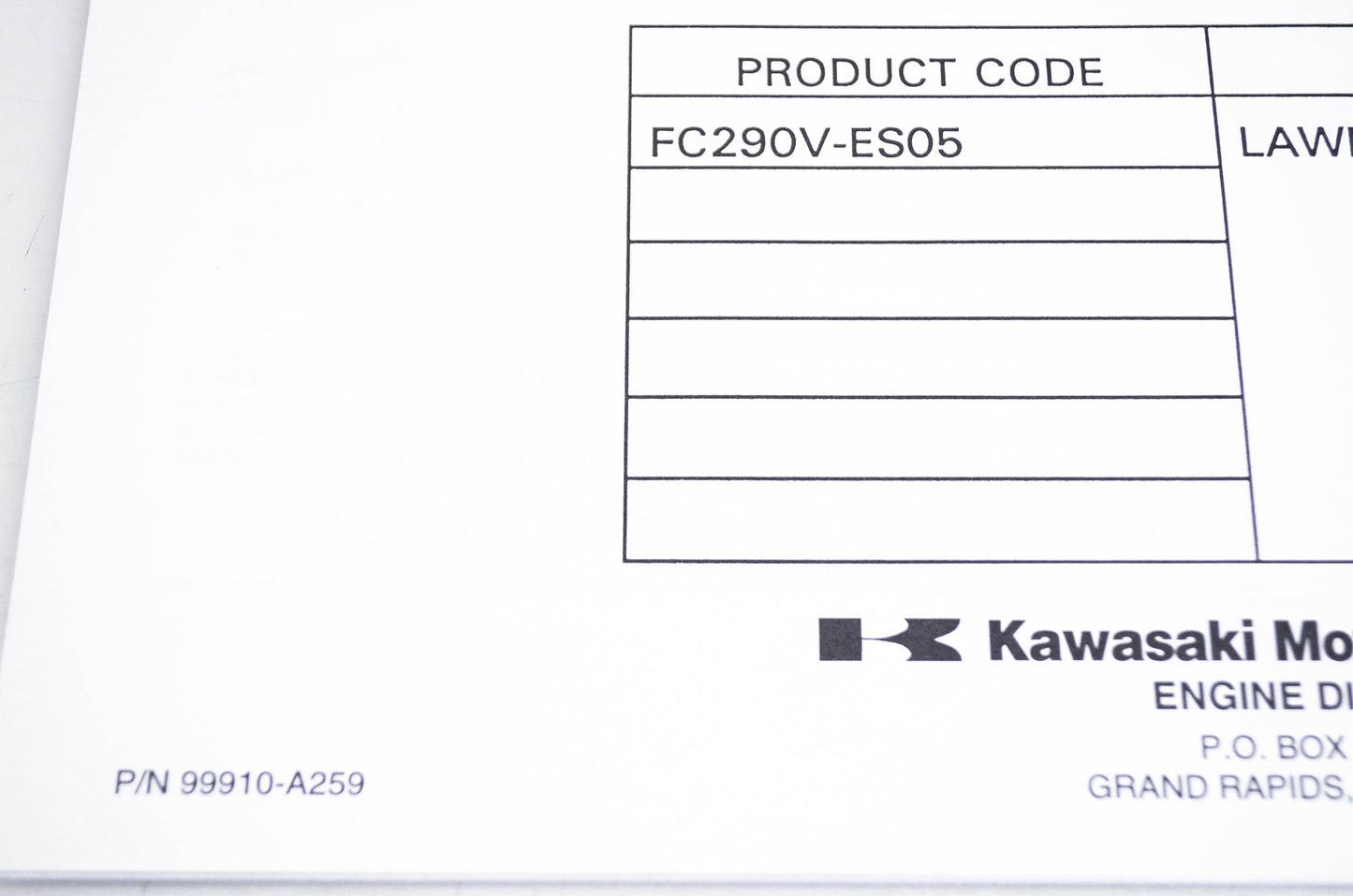 New OEM Kawasaki 99910-A259 Parts Catalog FC290V NOS