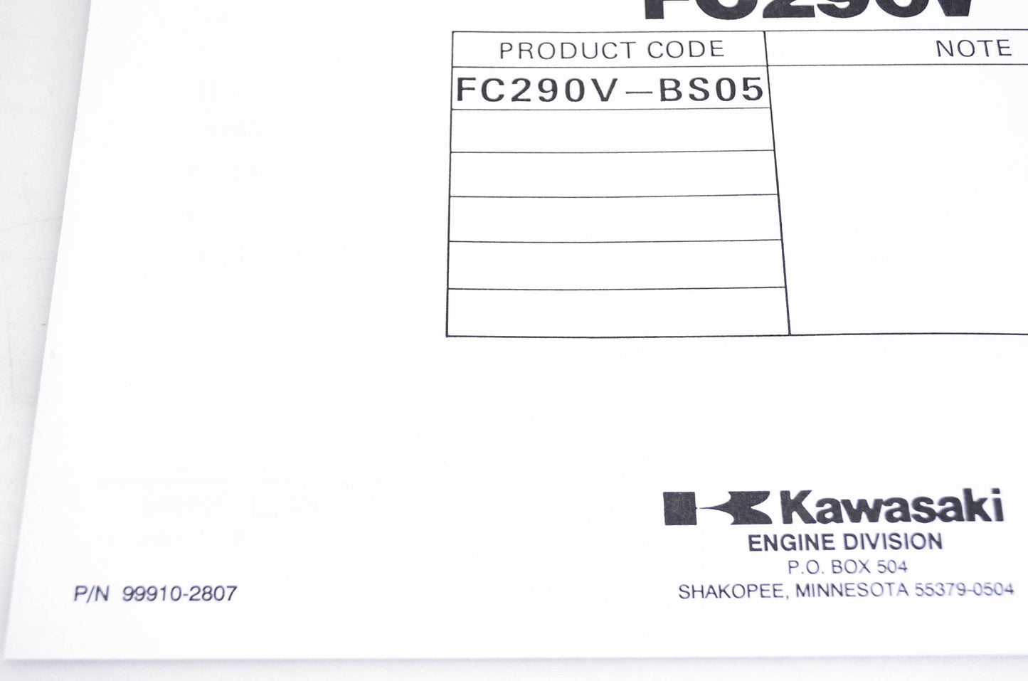 New OEM Kawasaki 99910-2807 Parts Catalog FC290V NOS