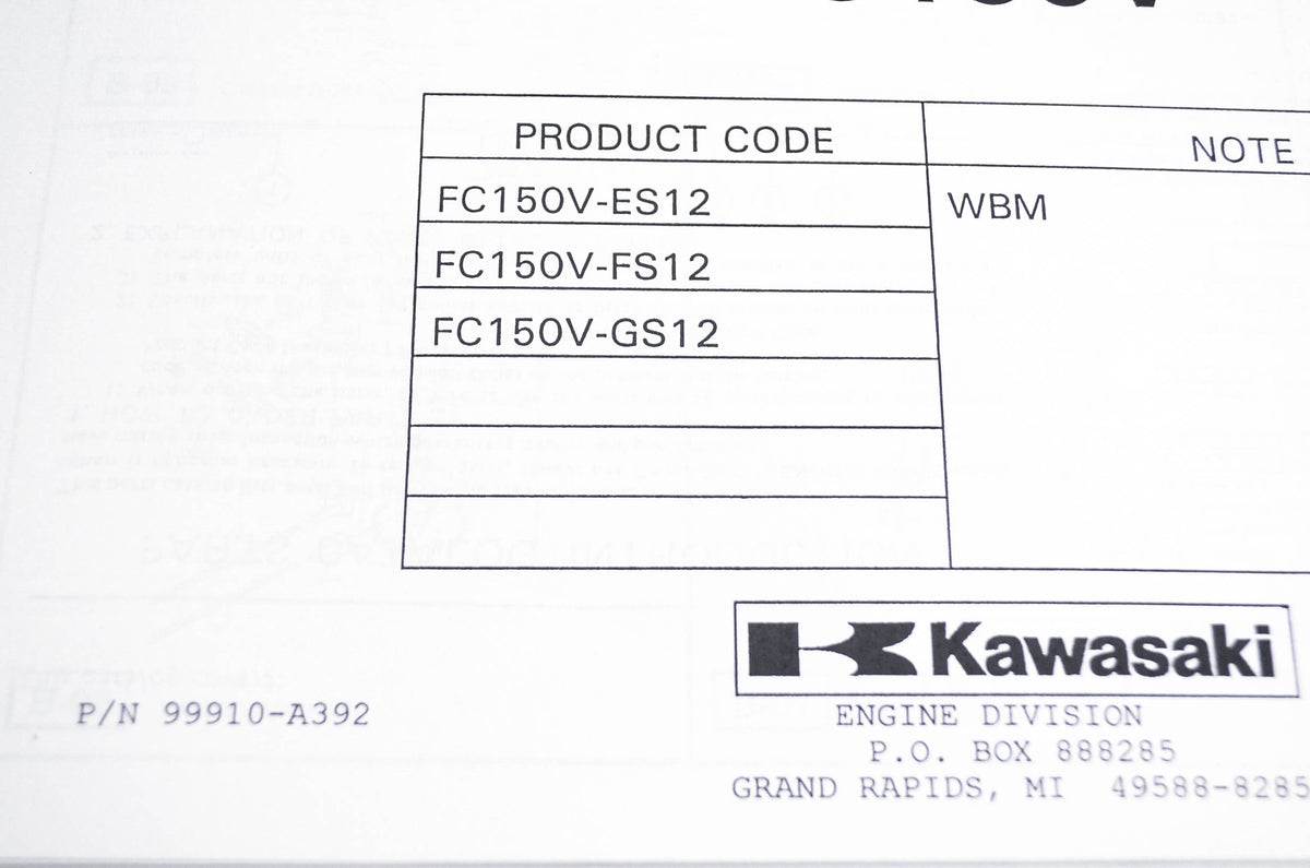 New OEM Kawasaki 99910-A392 Parts Catalog FC150V NOS