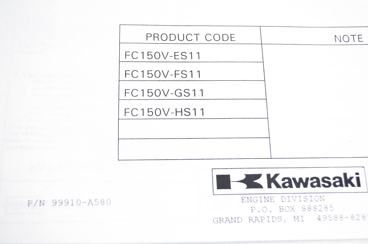 New OEM Kawasaki 99910-A580 Parts Catalog FC150V NOS