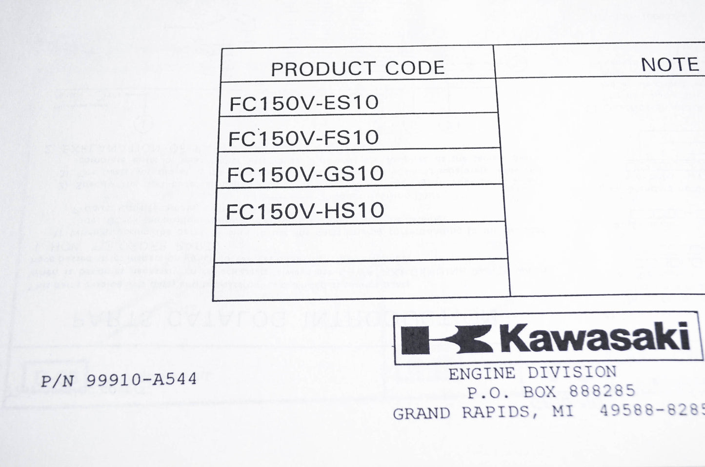 New OEM Kawasaki 99910-A544 Parts Catalog FC150V NOS