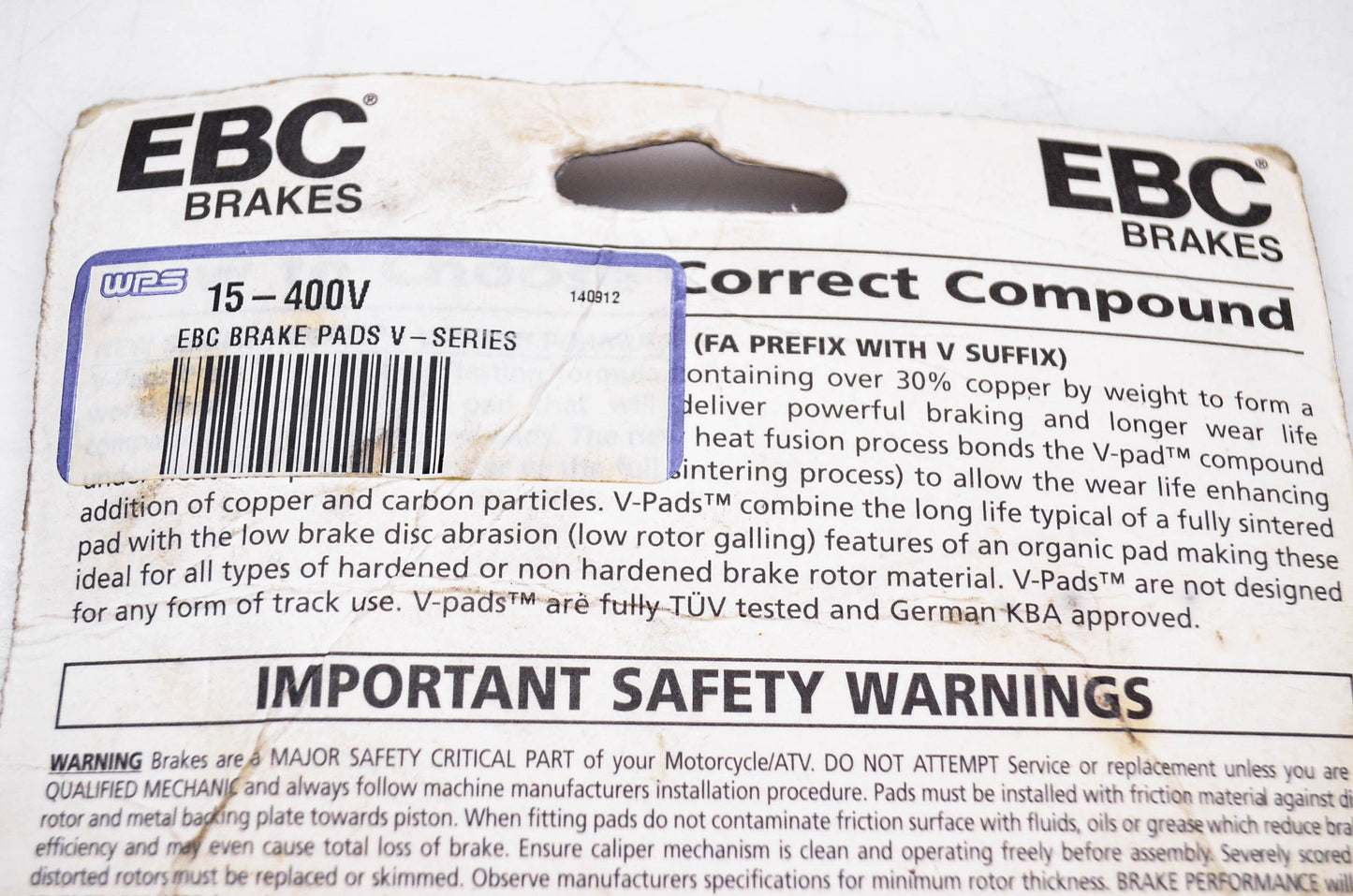 WPS FA400V, 15-400V EBC Brake Pads V Series NOS