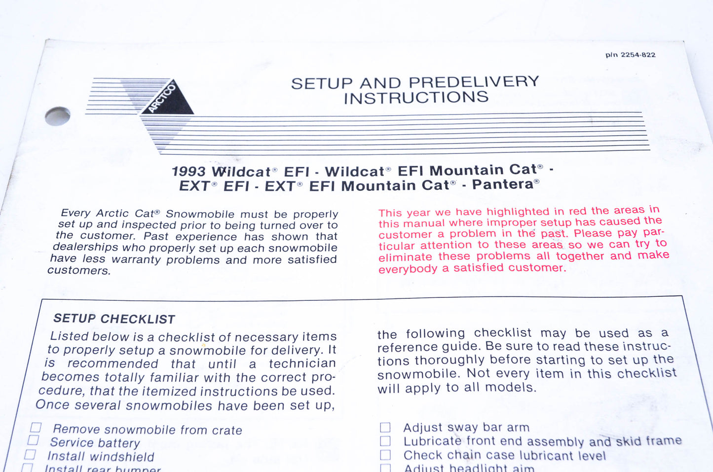 New OEM Arctic Cat 2254-822 Setup & Predelivery Instructions NOS