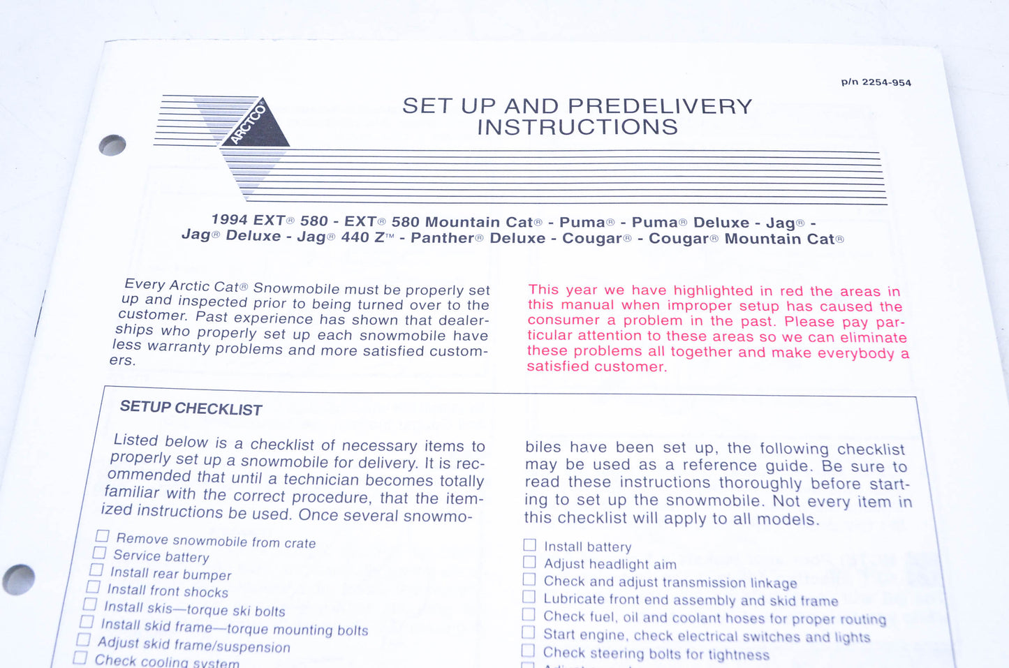 New OEM Arctic Cat 2254-954 Setup & Predelivery Instructions NOS