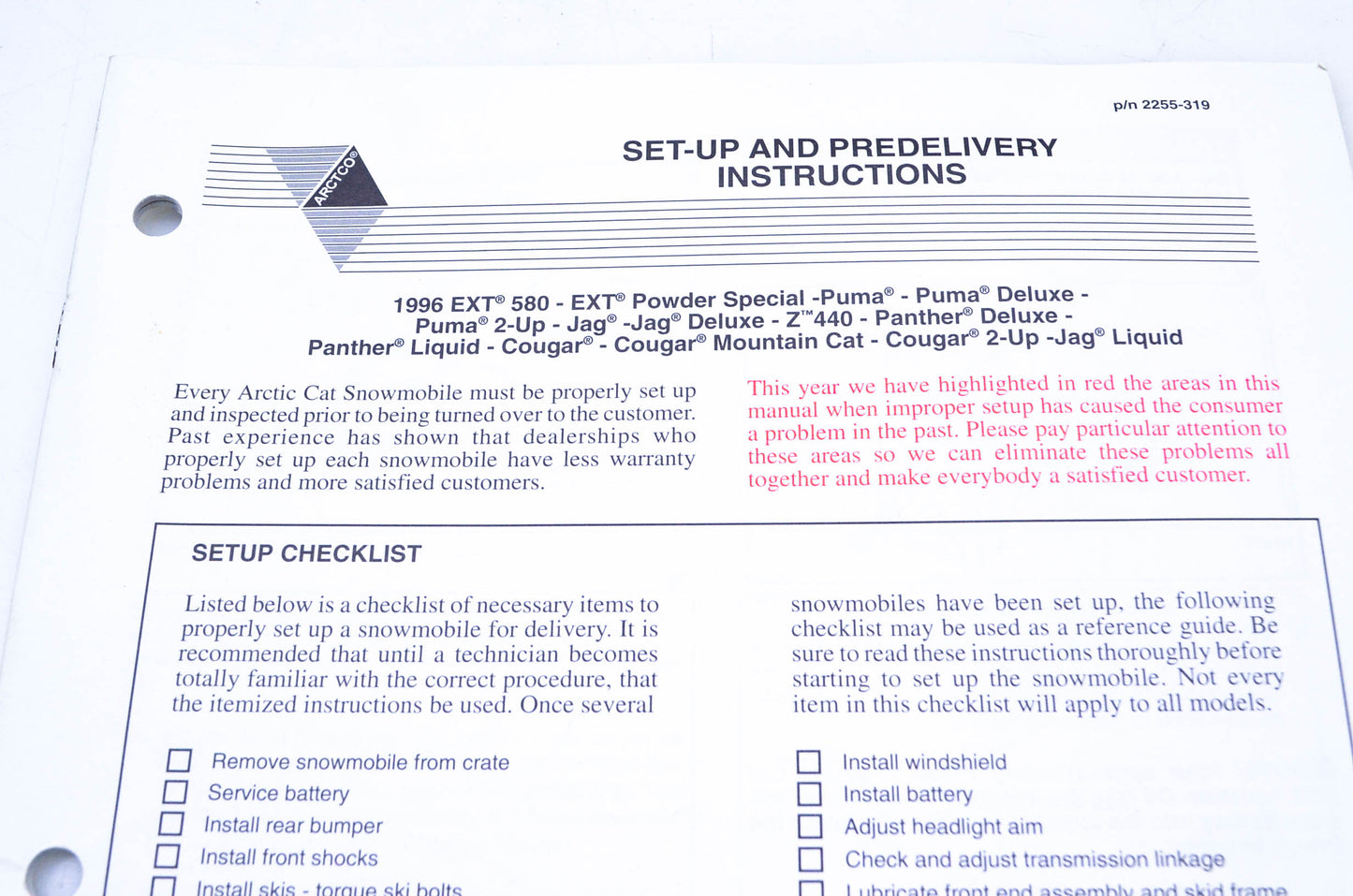 New OEM Arctic Cat 2255-319 Setup & Predelivery Instructions NOS