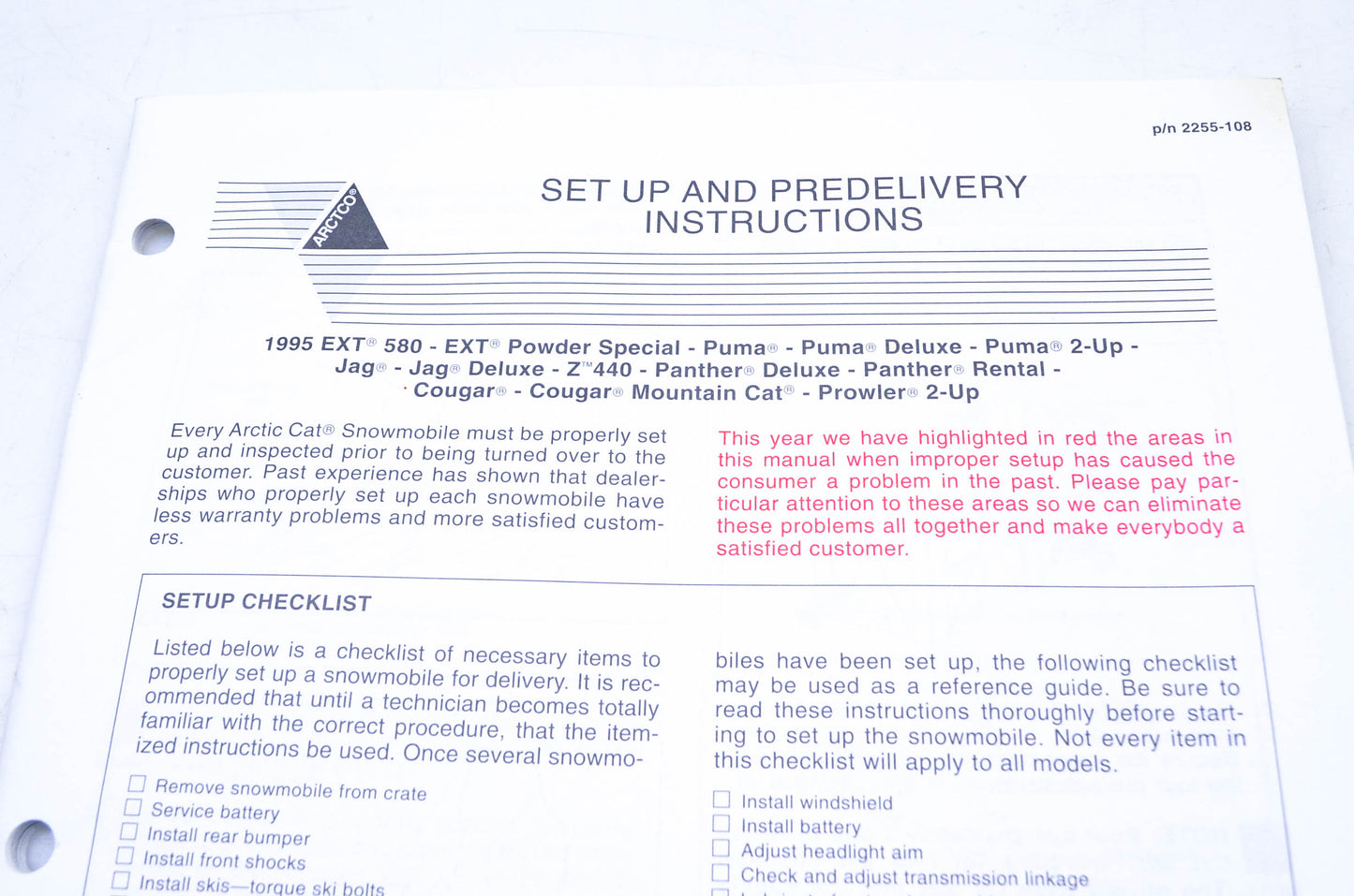 New OEM Arctic Cat 2255-108 Setup & Predelivery Instructions NOS