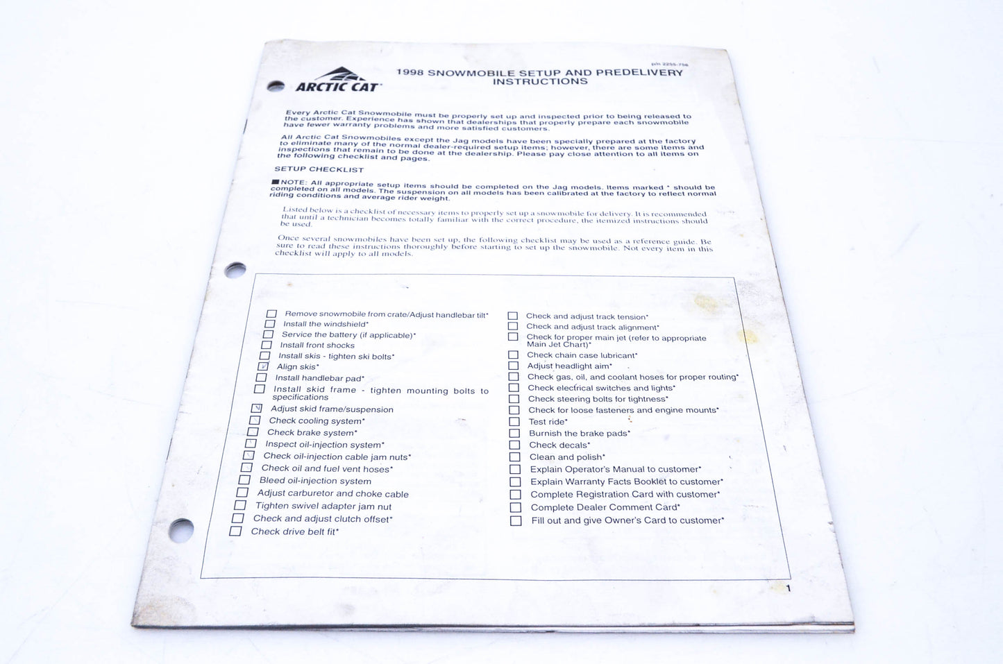 OEM Arctic Cat 2255-756 1998 Snowmobile Setup & Predelivery Instructions