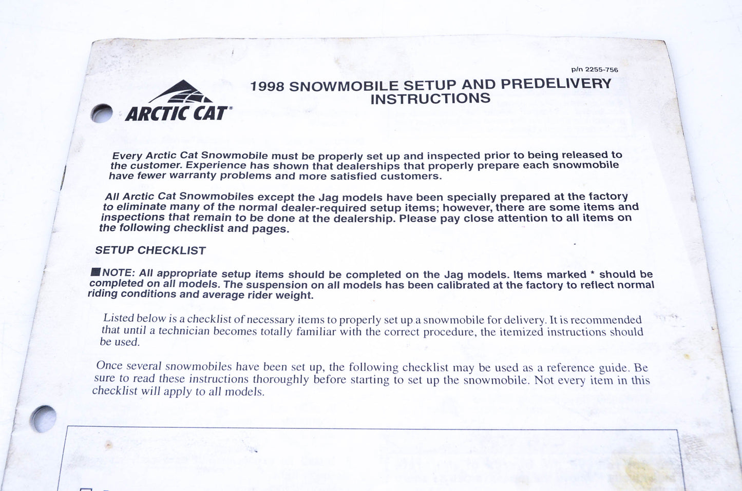 OEM Arctic Cat 2255-756 1998 Snowmobile Setup & Predelivery Instructions