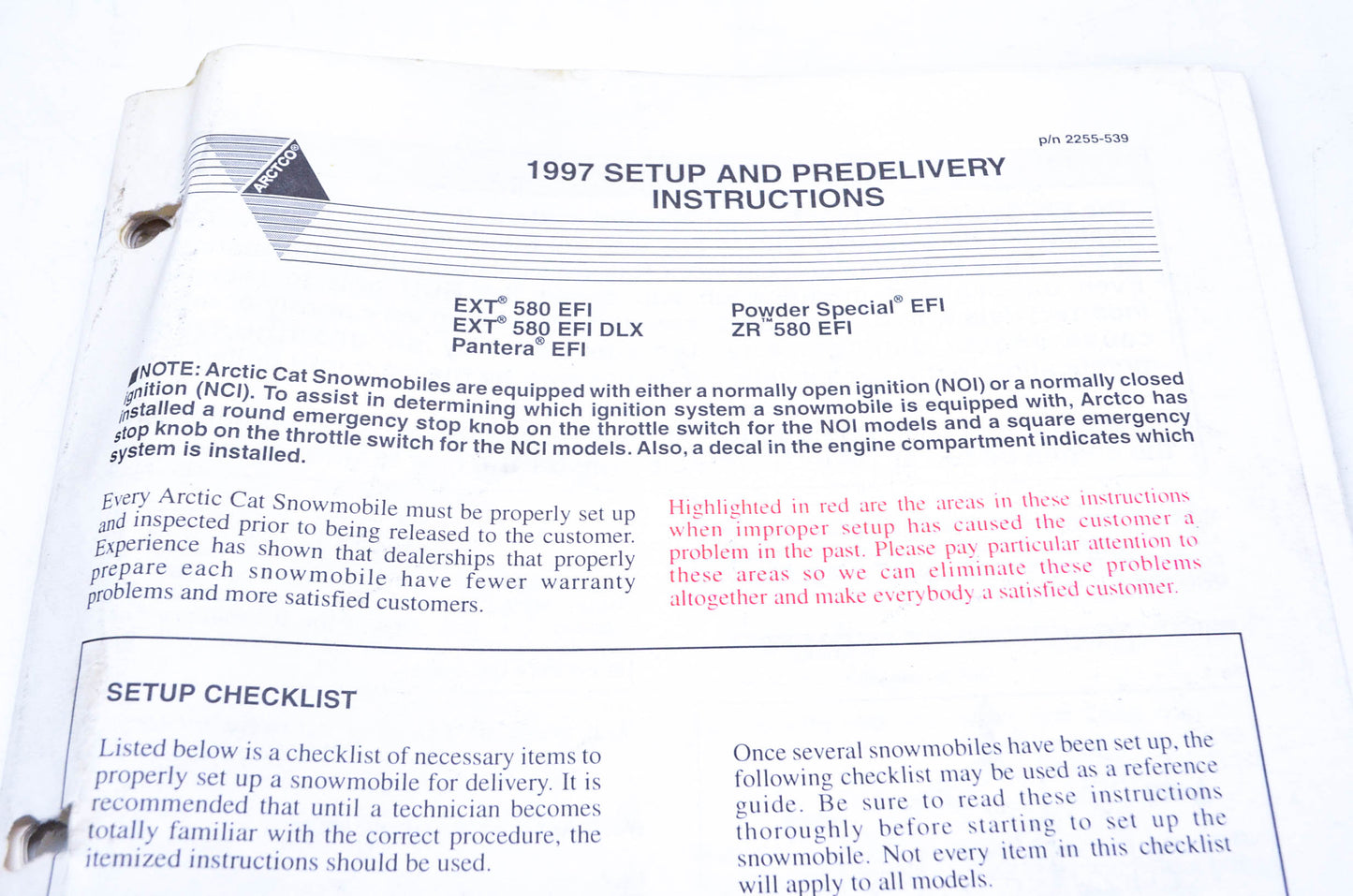 OEM Arctic Cat 2255-539 1997 Setup & Predelivery Instructions