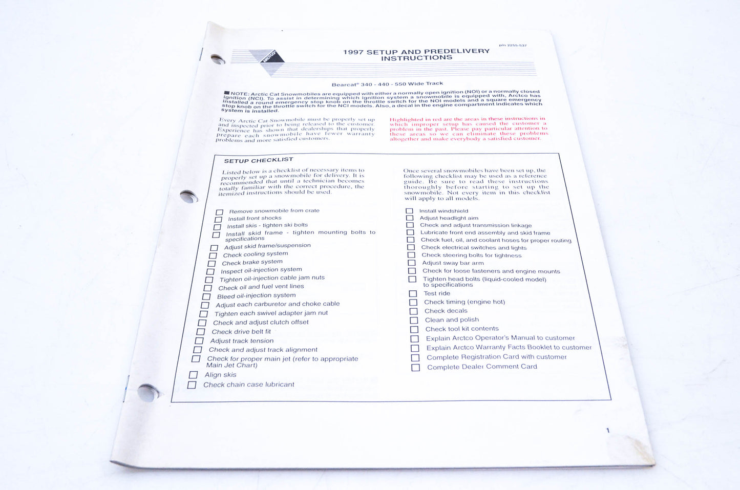 OEM Arctic Cat 2255-537 1997 Setup & Predelivery Instructions