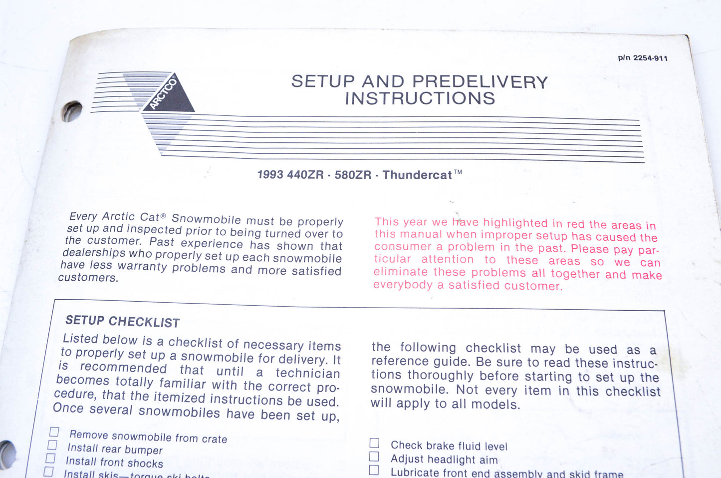 OEM Arctic Cat 2254-911 Setup & Predelivery Instructions