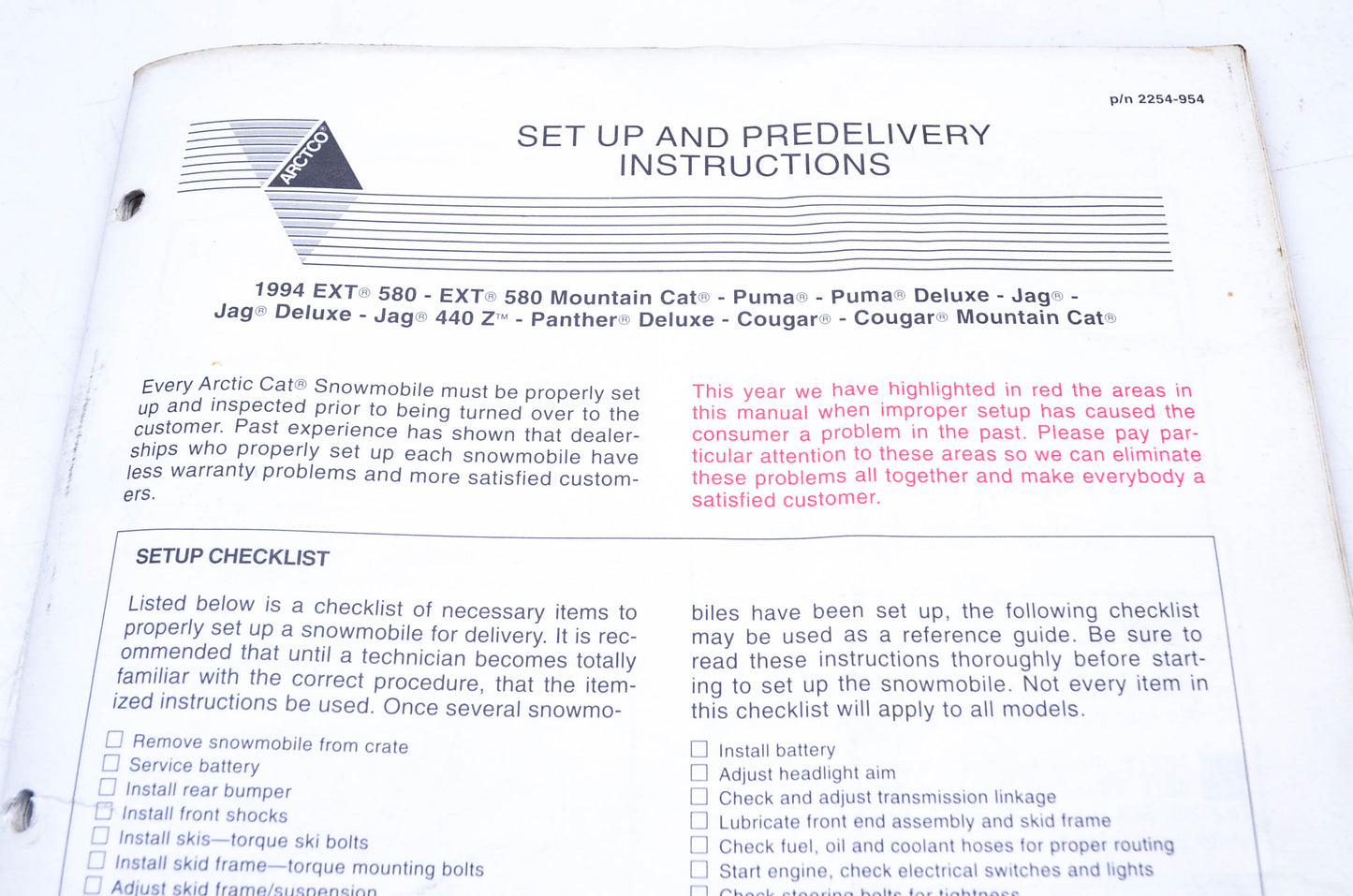 OEM Arctic Cat 2254-954 Setup & Predelivery Instructions