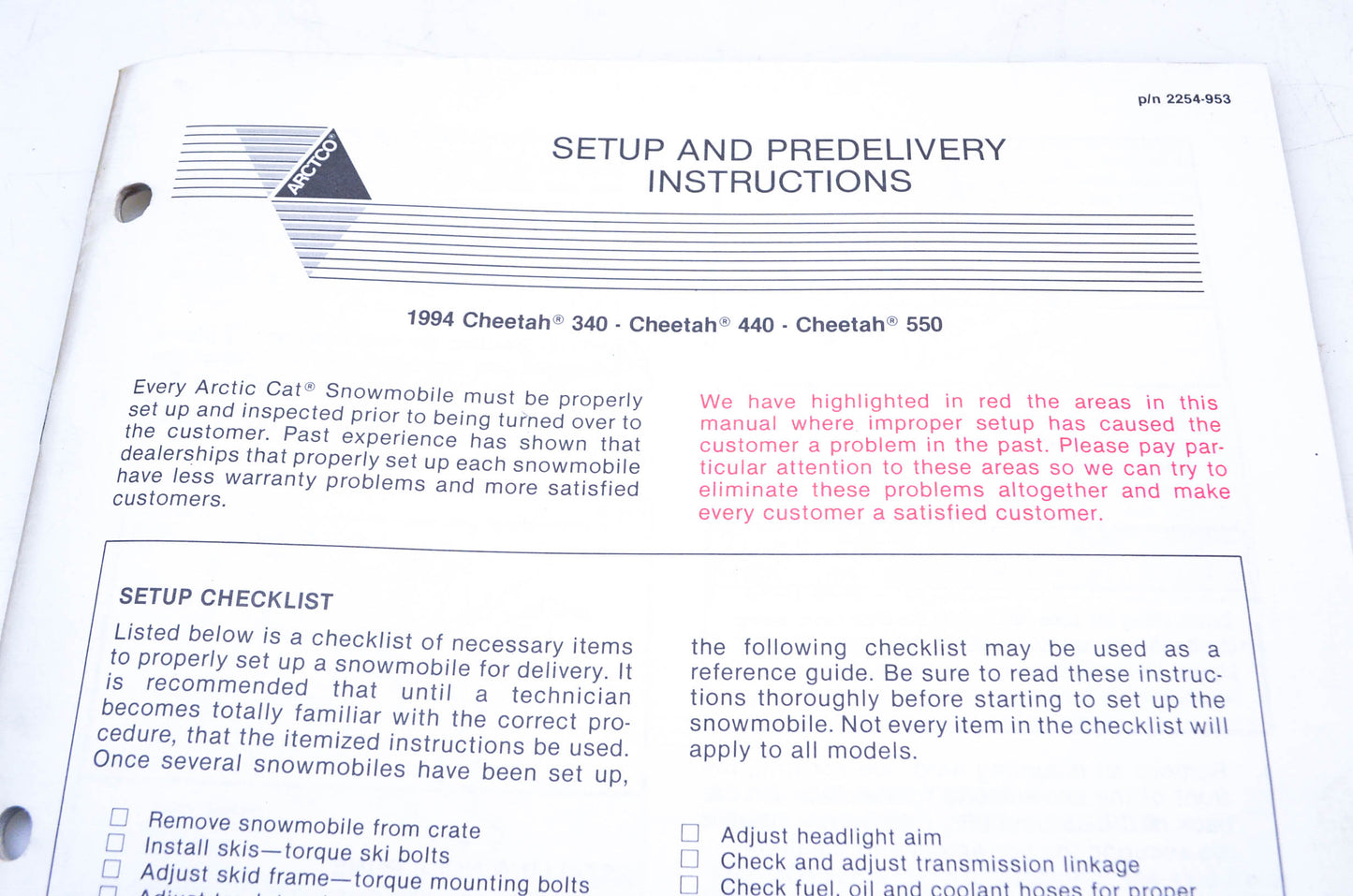 OEM Arctic Cat 2254-953 Setup & Predelivery Instructions