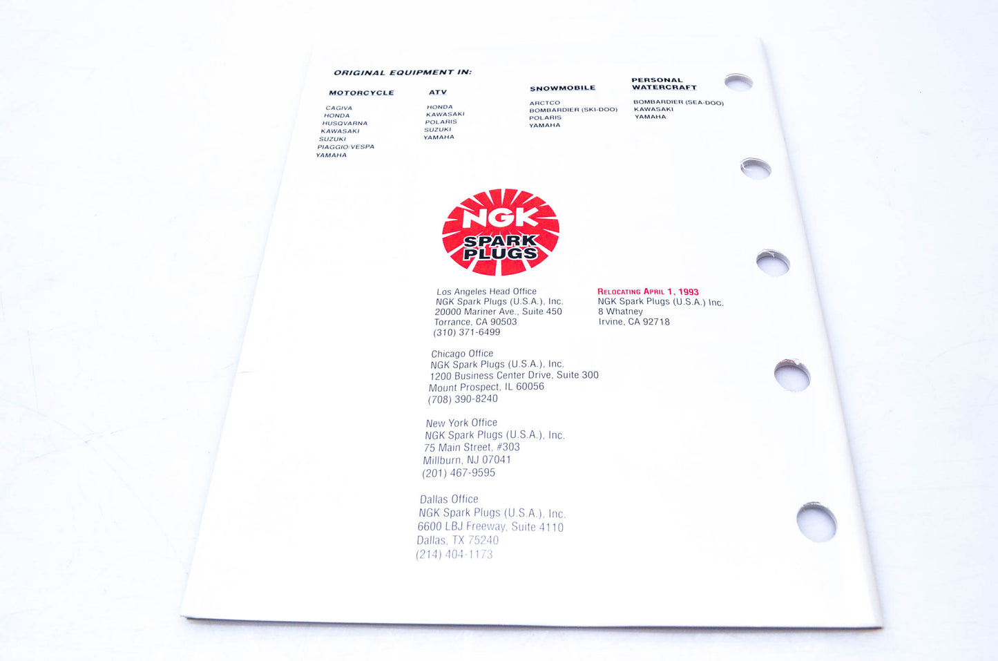 NGK Spark Plugs 1993 Spark Plug Catalog NOS