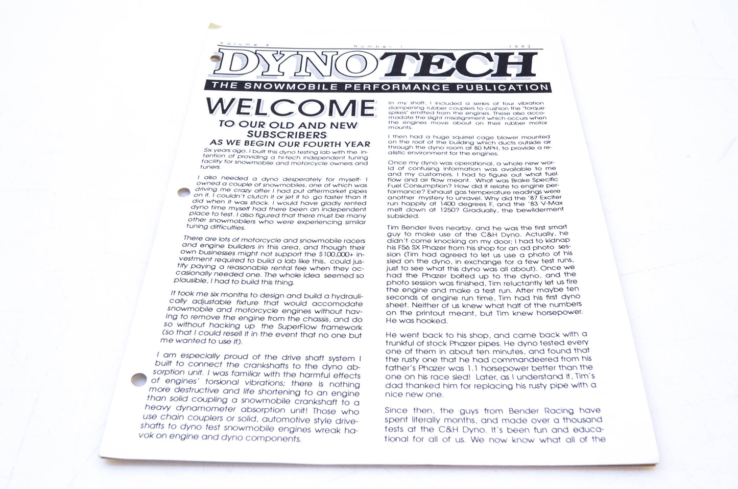 DynoTech 1992 Snowmobile Performance Publication Volume 4 Number 1 NOS