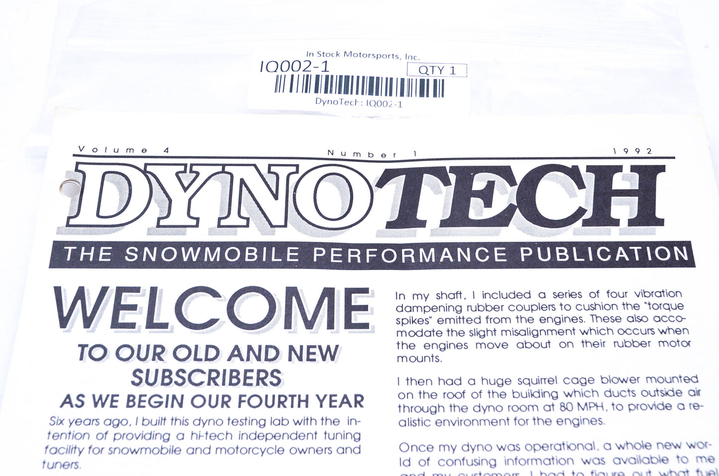 DynoTech 1992 Snowmobile Performance Publication Volume 4 Number 1 NOS