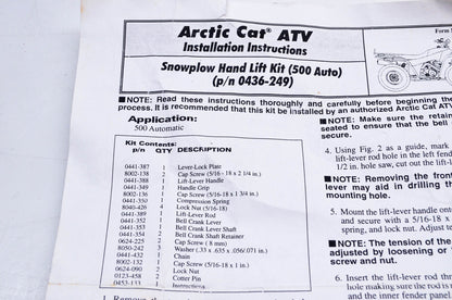 New OEM Arctic Cat 0436-249 Snow Plow Hand Lift Kit NOS