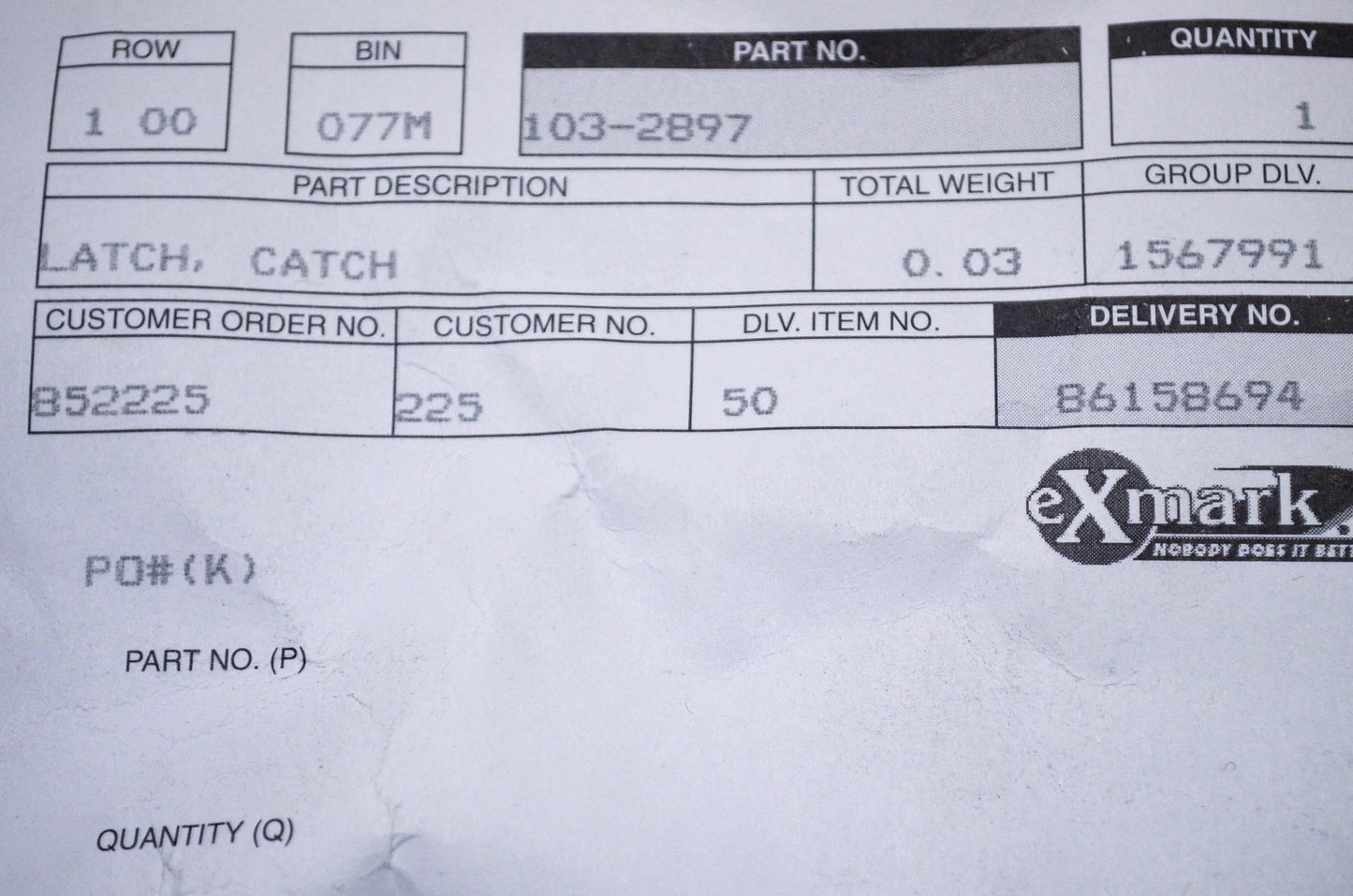 Exmark 103-2897 Catch Latch NOS