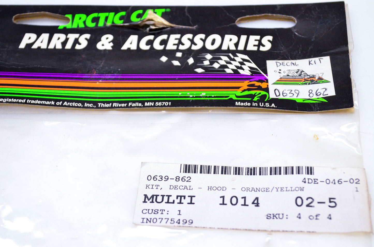 New OEM Arctic Cat 0639-862 Hood Orange/Yellow Decal Kit NOS