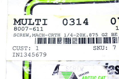 New OEM Arctic Cat 8007-611 Machine Screw 1/4-20x.875 NOS
