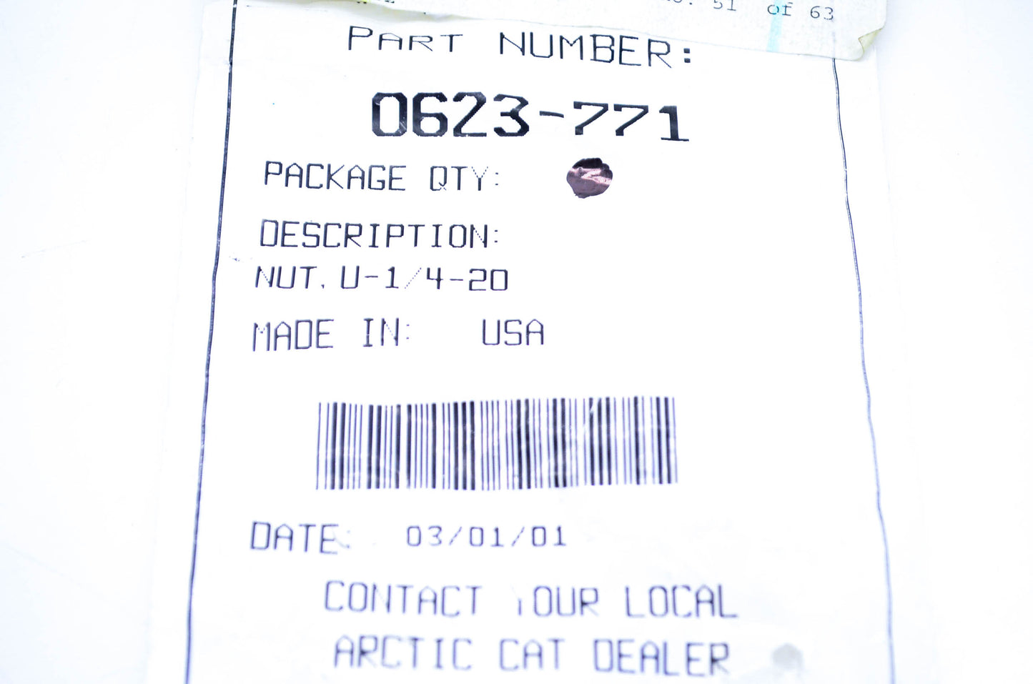New OEM Arctic Cat 0623-771 U Nut 1/4-20 (.50x.25) NOS