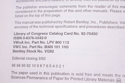 Robert Bentley 0-8376-0342-0, 92-70450 Volkswagen GTI, Golf, Jetta Service Manual 1985 through 1992