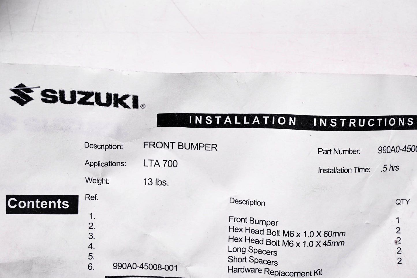 New OEM Suzuki 990A0-45008 Front Bumper NOS