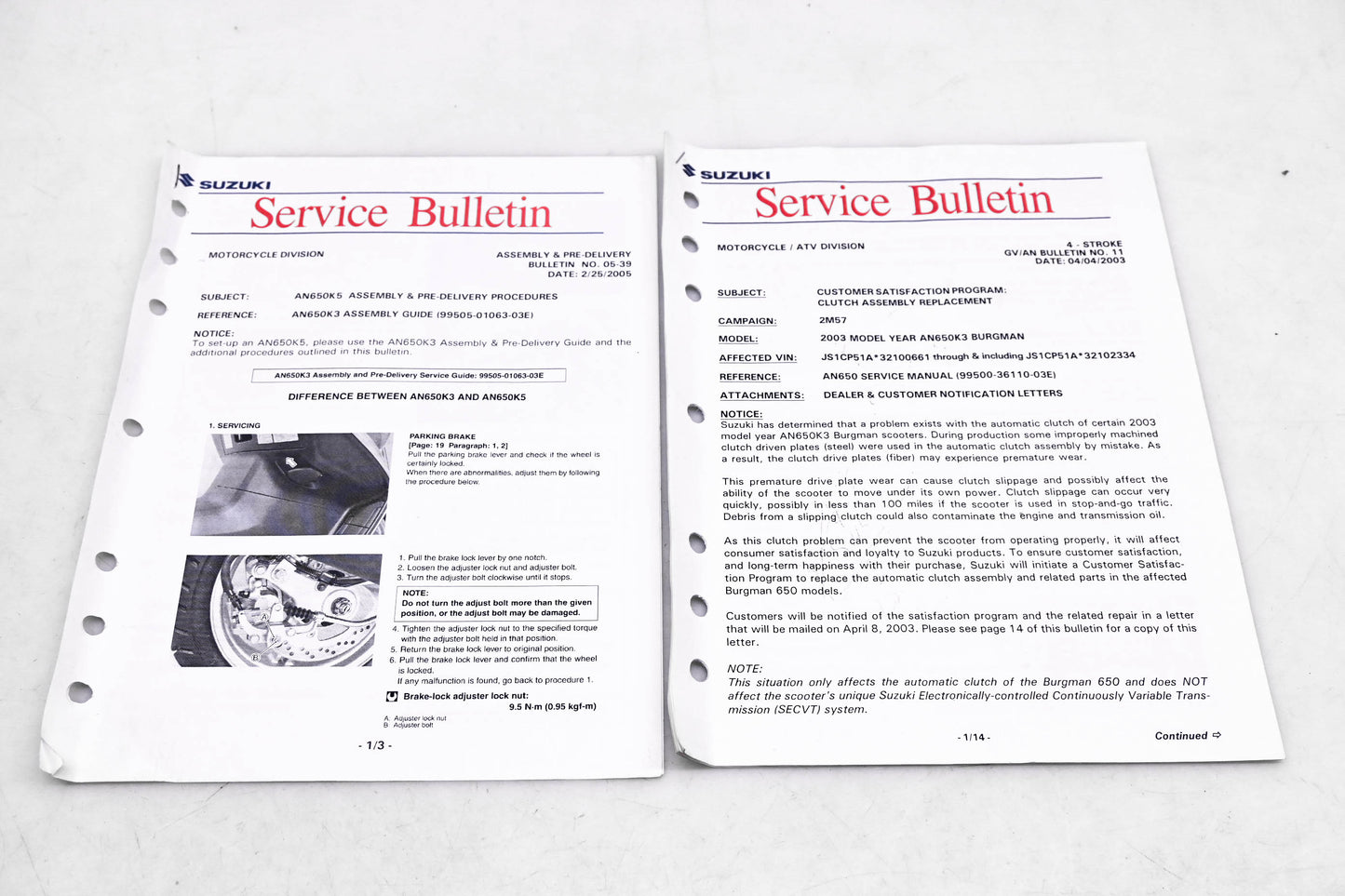 OEM Suzuki 05-39, 11 Service Bulletins AN650