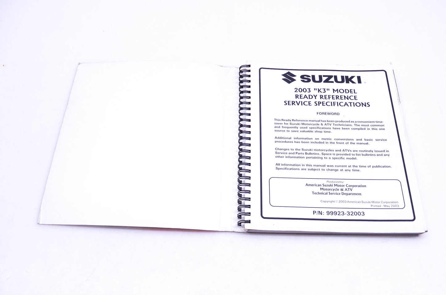 OEM Suzuki 99923-32003 Motorcycle & ATV 2003 K3 Ready Reference Manual