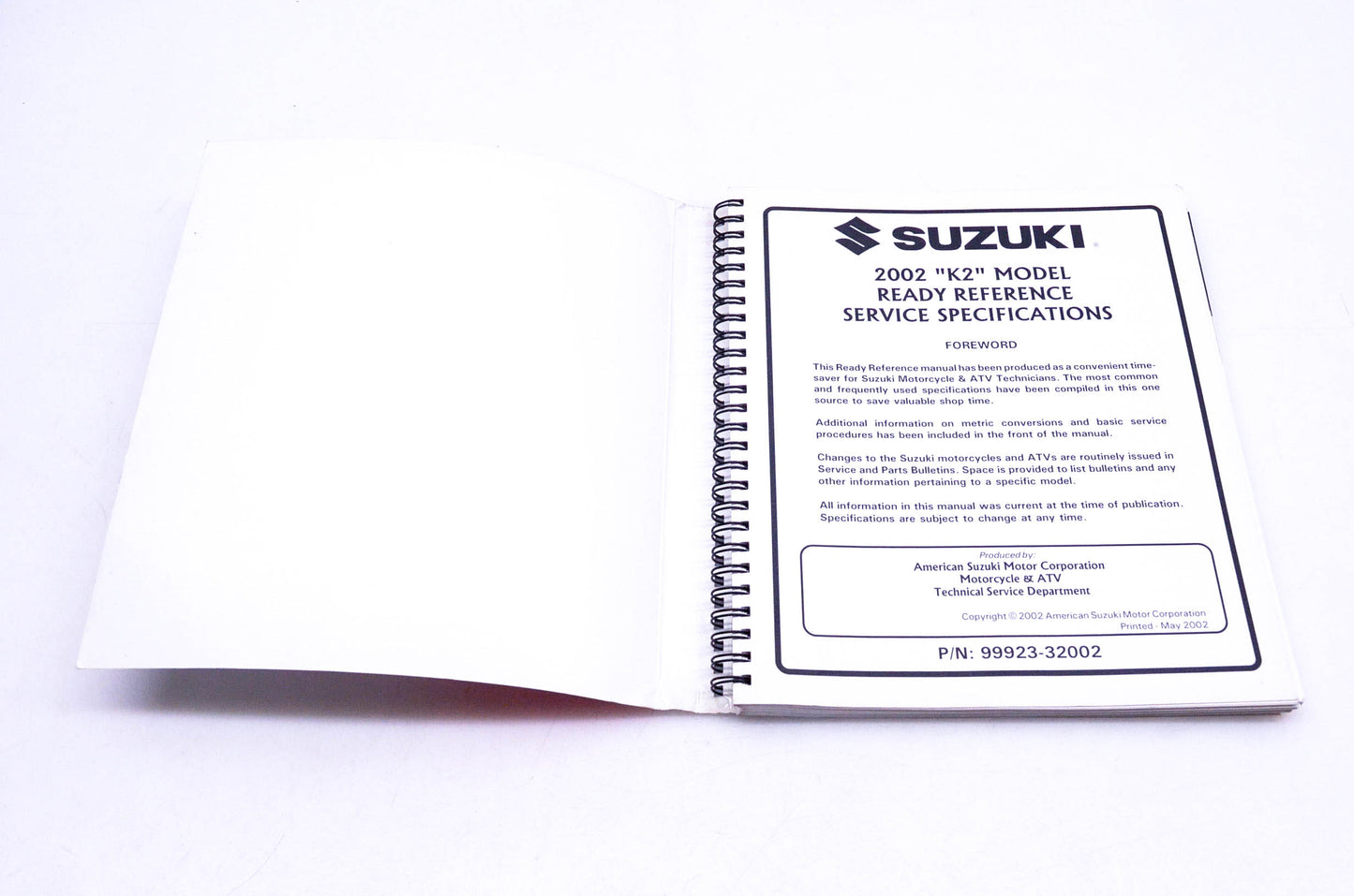 OEM Suzuki 99923-32002 Motorcycle & ATV 2002 K2 Ready Reference Manual