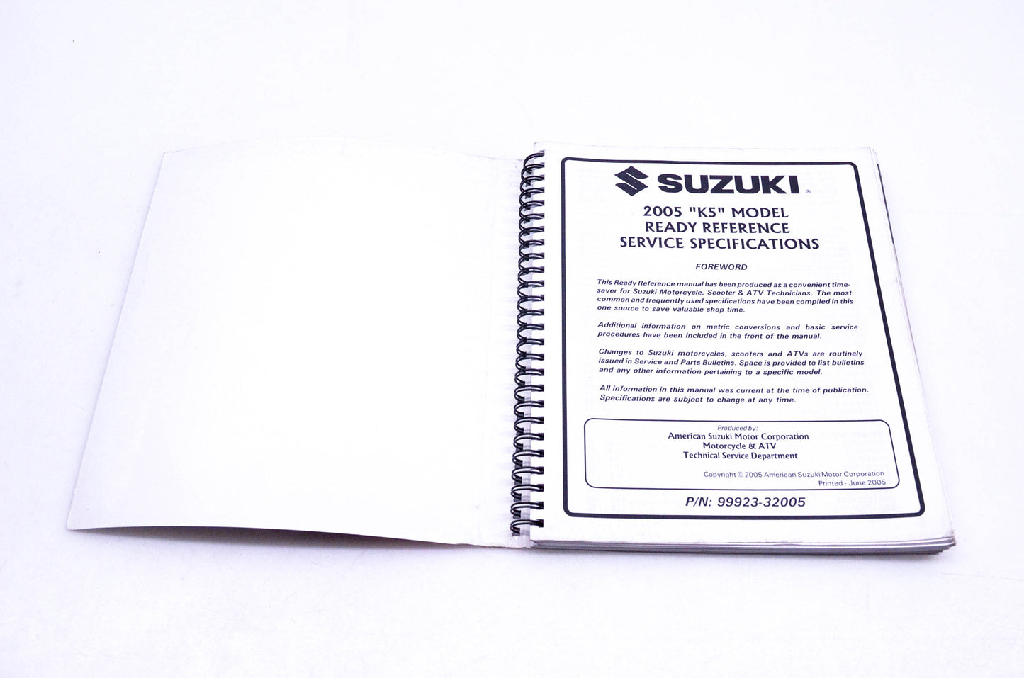 OEM Suzuki 99923-32005 Motorcycle & ATV 2005 K5 Ready Reference Manual