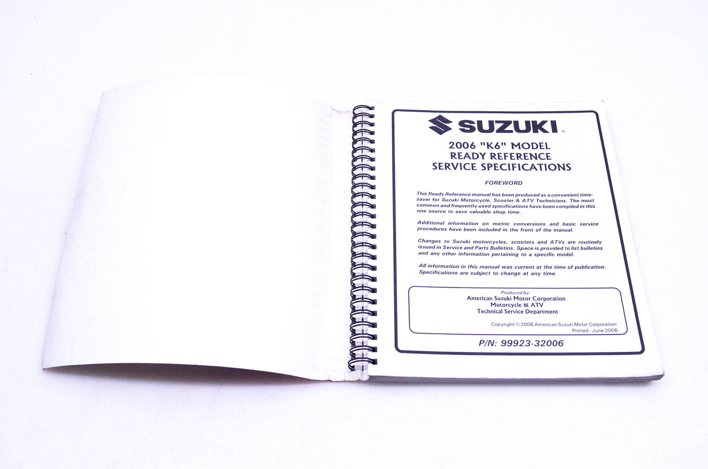 OEM Suzuki 99923-32006 Motorcycle & ATV 2006 K6 Ready Reference Manual