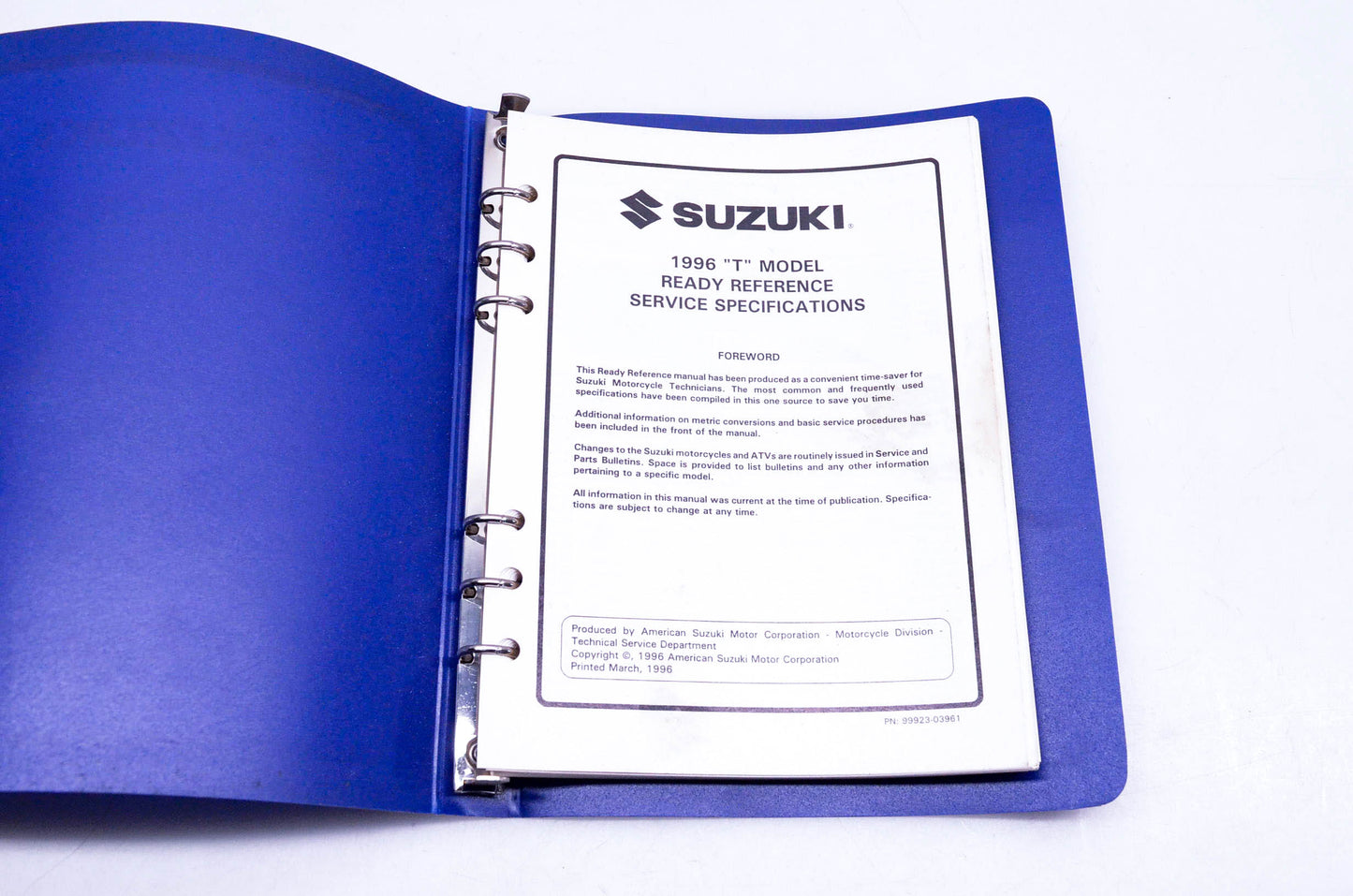 OEM Suzuki 99923-03961 Ready Reference 1996 T Model Service Specifications Manual
