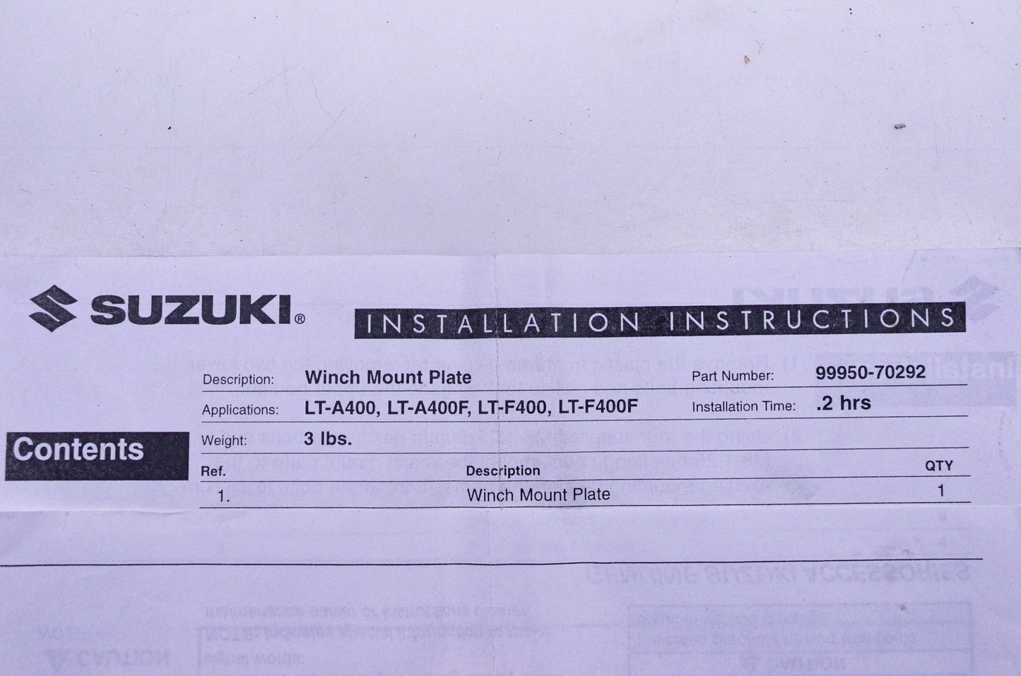 New OEM Suzuki 99950-70292 Winch Mount Plate NOS