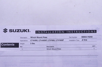 New OEM Suzuki 99950-70292 Winch Mount Plate NOS