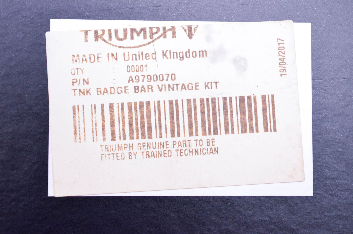 New OEM Triumph A9790070 Fuel Tank Badge Bar Kit NOS