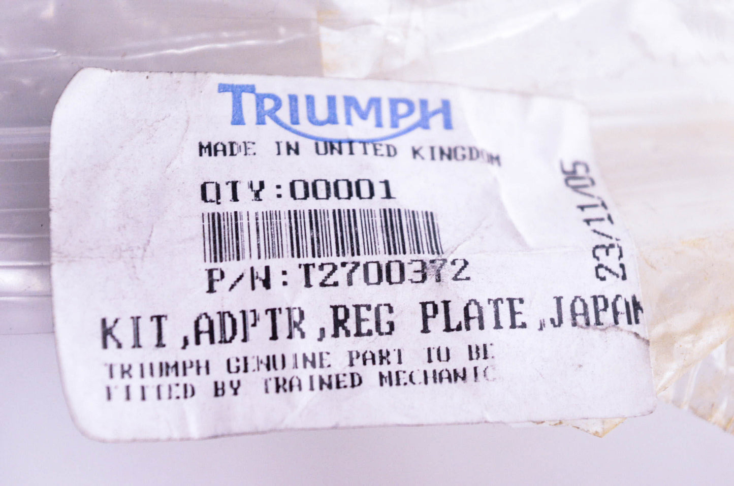 New OEM Triumph T2700372 Japanese Registration Plate Adapter Kit NOS